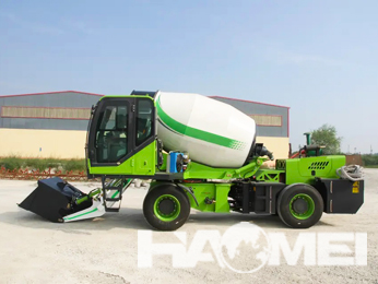 Mobile self-loading concrete mixer truck